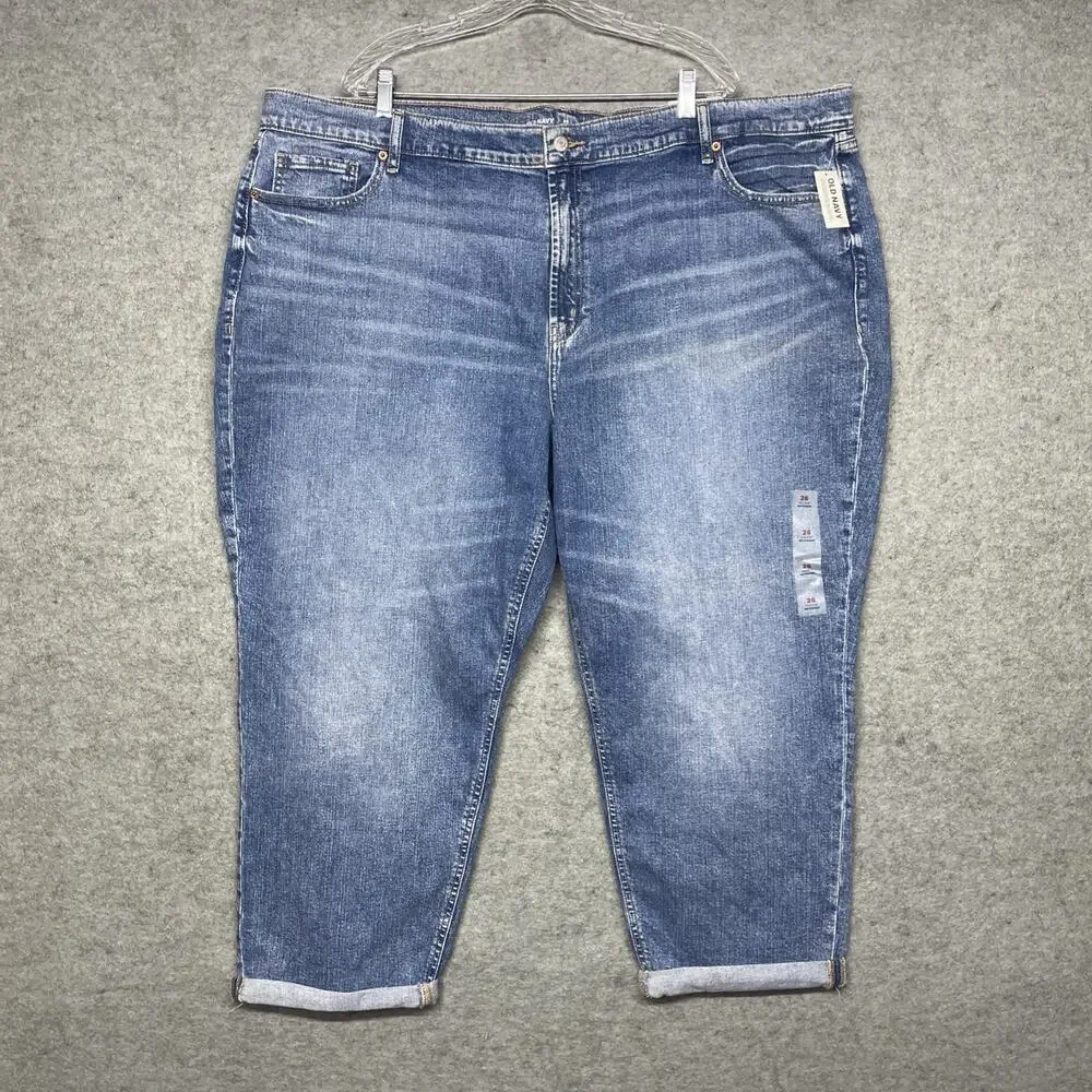 NWT Old Navy Mid Rise Boyfriend Jeans Womens Plus Size 26 Cuffed Stretch Denim
